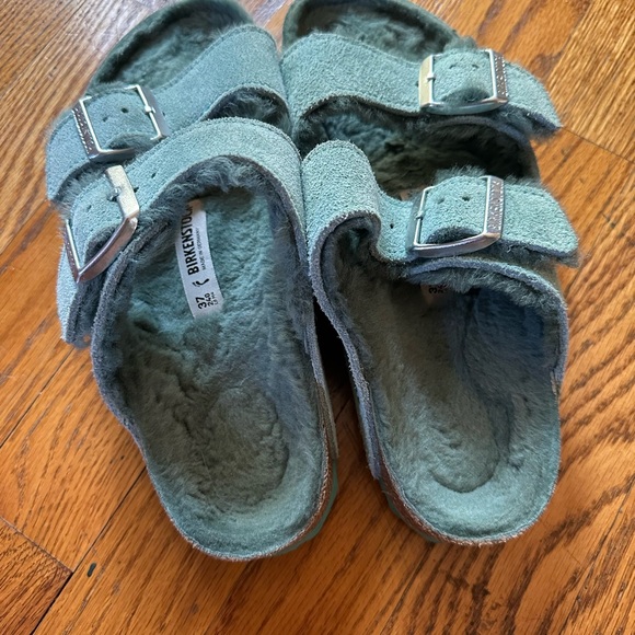 Birkenstock Arizona Shearling - Fur Slip-On Sandals - RARE Teal Color - Picture 4 of 5